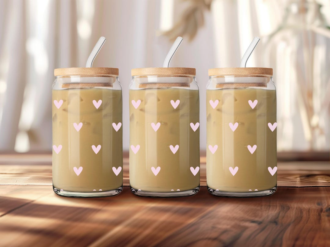 Mini Hearts Iced Coffee Cup Glass Can With Bamboo Lid and Straw Gift ...