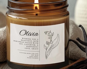 Birth Flower Gift Candle, Personalized Birthday Gift for Friend, Birthday Gift for Her, Birth Month Flower, Custom Candle, Mothers Day Gift