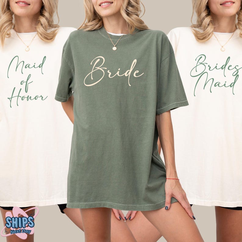 two women wearing matching bride and maid shirts