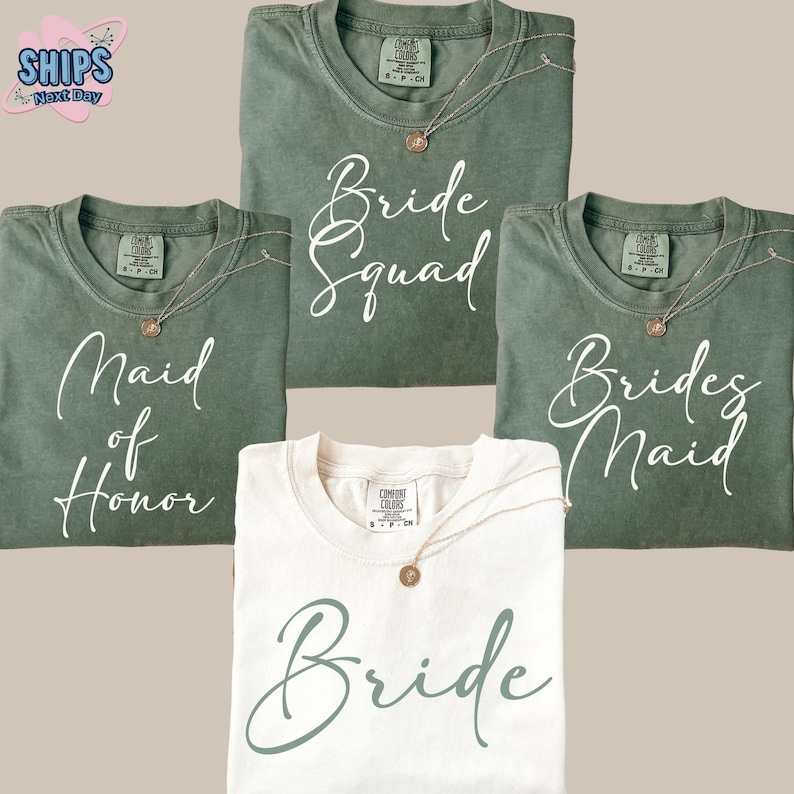 three t - shirts that say bride, maid, maid of the bride and maid
