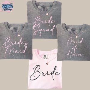 three bride shirts with the bride's names on them