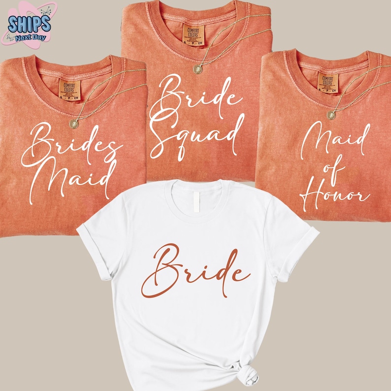 three bridesmaid shirts with the bride's squad on them