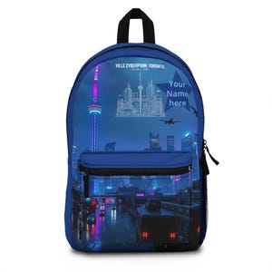 Neon Cyberpunk City Backpack | Futuristic Skyline, CN Tower, Night Traffic