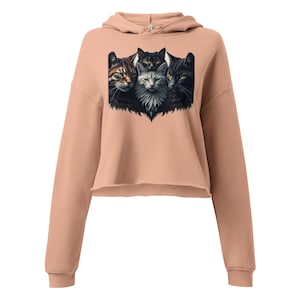 Womens Cropped Hoodie - Casual Fleece Pullover Sweatsheet - Three Cats Graphic Crop Top, Fluffy Kitten Aesthetic Clothes,