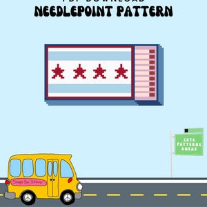 May include: A digital needlepoint pattern PDF download featuring a graphic of a yellow bus on a road, a green road sign reading CUTE PATTERNS AHEAD, and a rectangular flag design with four red stars. The text STRUGGLE BUS STITCHING is at the bottom.