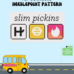Puede incluir: Un patrón de punto de cruz digital con el texto "slim pickins" y tres iconos pixelados. Un autobús escolar amarillo con el texto "Struggle Bus Stitching" circula por una carretera. Un letrero dice "Cute Patterns Ahead".