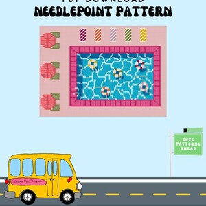 May include: A digital needlepoint pattern download featuring a swimming pool design with floaties and umbrellas. The image includes a yellow school bus with the text "Struggle Bus Stitching" and a sign that says "Cute Patterns Ahead".