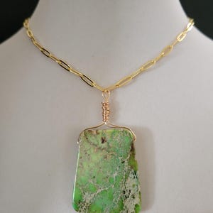 Sea sediment jasper green pendant necklace gold plate over sterling