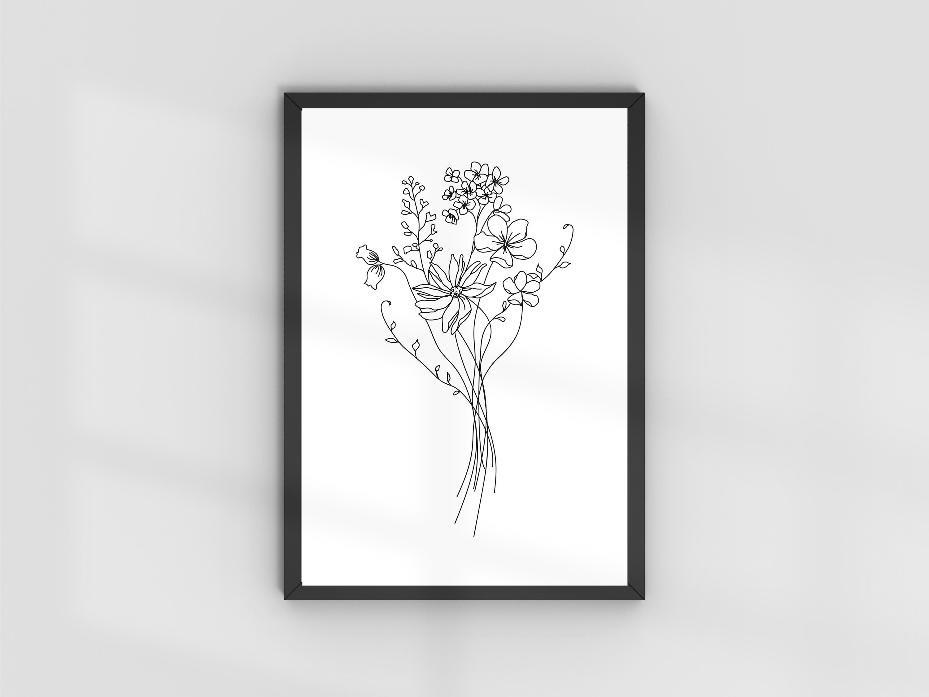 Minimalist Wildflower Line Art Print | Black & White (digital Download ...