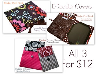 E-Reader Cover Pattern Bundle, PDF Sewing Patterns, Cover, Sleeve, Clutch, iPad, iPad Mini, Kindle Fire, "3 Cover Pattern Styles for 12.00"