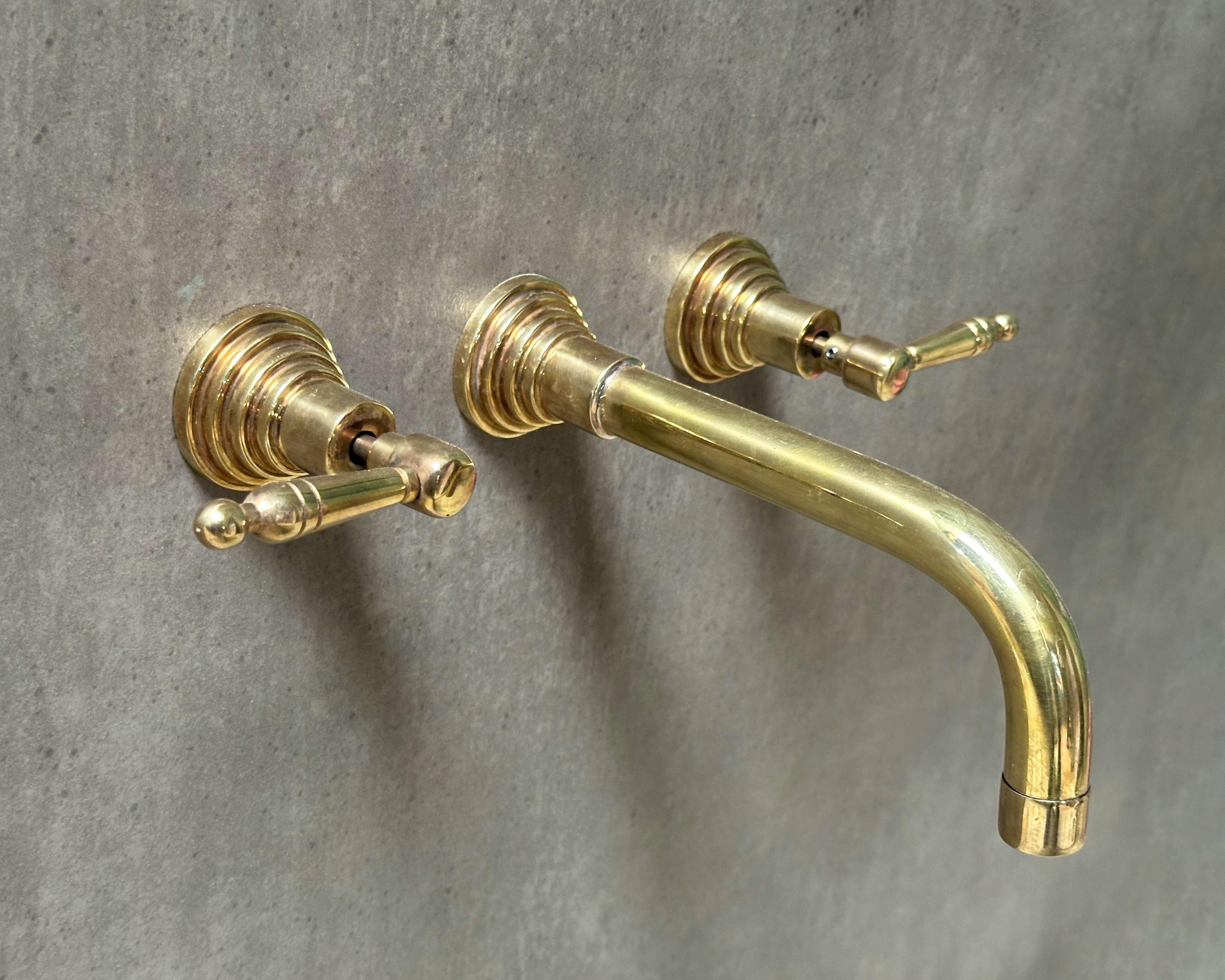 Unlacquered Brass Wall Mounted Bathroom Faucet With Lever Handles