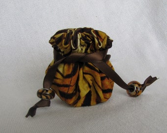 Jewelry Bag - Mini Size - Drawstring Pouch - Travel Fabric Tote - CHOCOLATE TIGER
