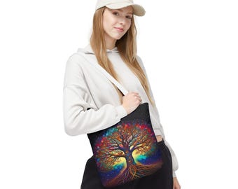 Colorful Cosmic Tree Tote Bag, Boho Chic Bag, Nature Lover Gift, Eco-Friendly Shopping Bag, Festival Accessory, Celestial Art Tote