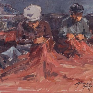 Étude post-impressionniste de pêcheurs réparant des filets - Albert Tomás Guillén