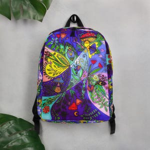 Zaino con fumetti botanici, zaino con design psichedelico, idee regalo di Natale, zaino colorato, zaino botanico hippie, zaino unico