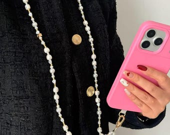 Cadena para teléfono hecha a mano, correa de perlas y cuentas, cordón para teléfono manos libres, cadena para teléfono de hombro con inserto para tarjeta