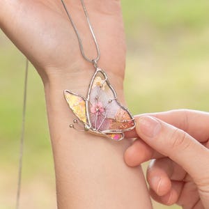 Pink Butterfly Stained Glass Pendant,  Pressed Flower Wearable Art