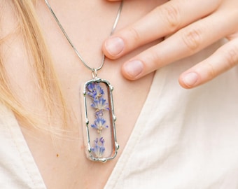 Lavender Stained Glass Pressed Flower Necklace, Cottage Garden Lover Gift