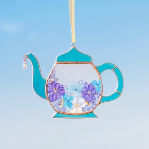 Blauwe theepot glas-in-lood suncatcher, kleurrijke raamkunst