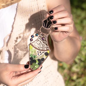 Stained Glass Potion Bottle Suncatcher: Halloween Decor with Green Pressed Flowers Holiday Gift