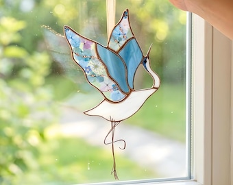 Blue Heron Stained Glass Suncatcher with Pressed Flowers , Bird Lover Gifts Decor