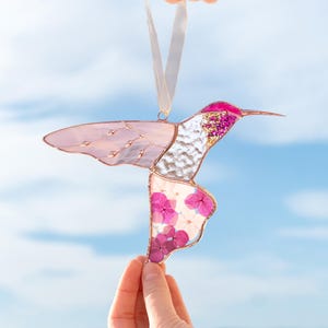 Hummingbird Stained Glass Suncatcher Pink Wall Art Best Friend Gift Pressed Flowers Custom Stained Glass Window Hangings Birthflower Gift