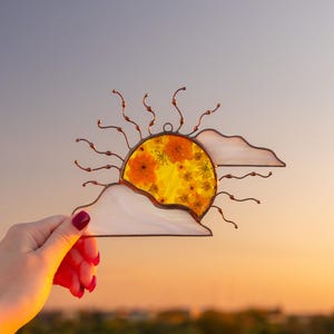 Sun Stained Glass Window Hangings Sunshine Party Decor Stained Glass Panel Friend Christmas Gift Stained Glass Suncatcher Pressed Flower Art