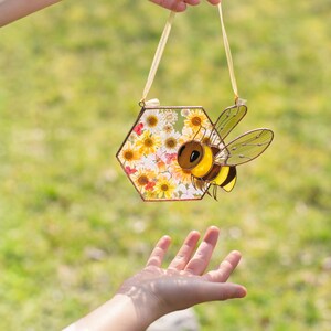 cottagecore bee stained glass hanging with floral composition