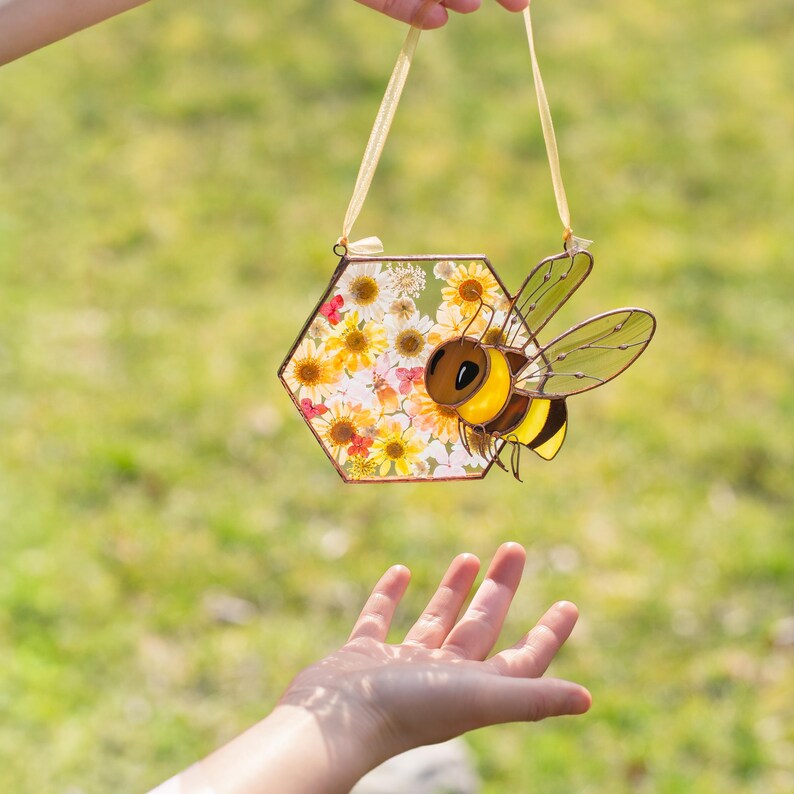 cottagecore bee stained glass hanging with floral composition