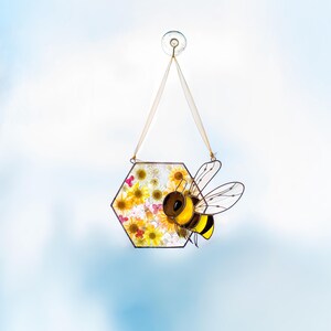 cottagecore bee stained glass hanging with floral composition