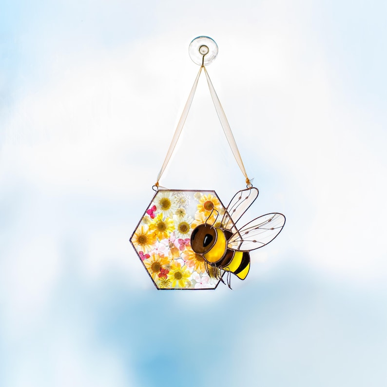 cottagecore bee stained glass hanging with floral composition