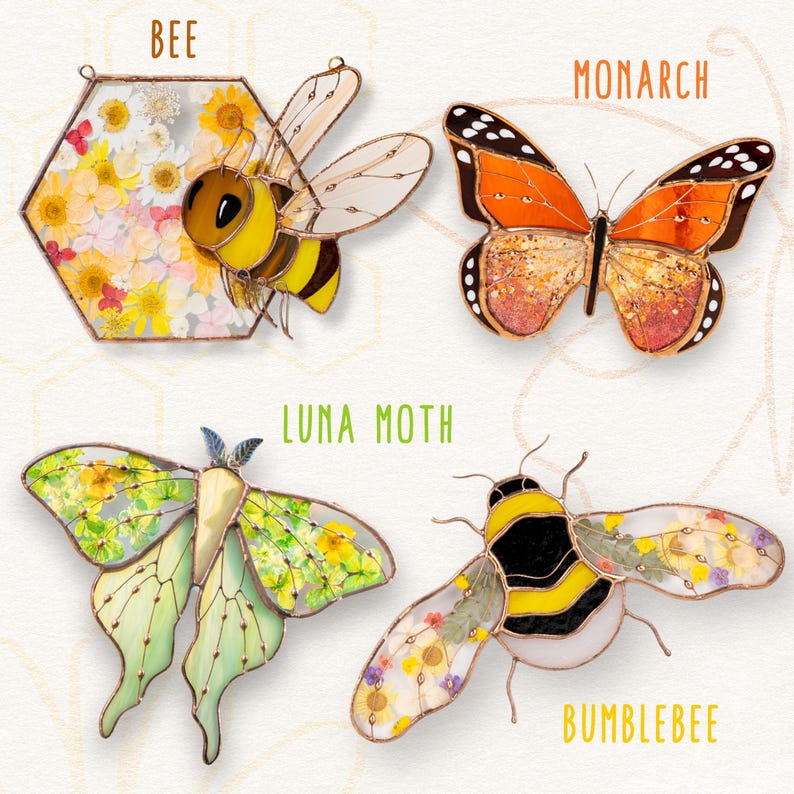 May include: Four decorative insect ornaments: a bee, a monarch butterfly, a luna moth, and a bumblebee. The bee is yellow and black, the monarch is orange and black, the luna moth is green and yellow, and the bumblebee is yellow and black. Each ornament has a floral design.