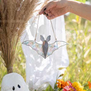 Unique gray bat stained glass ornament for fall decor