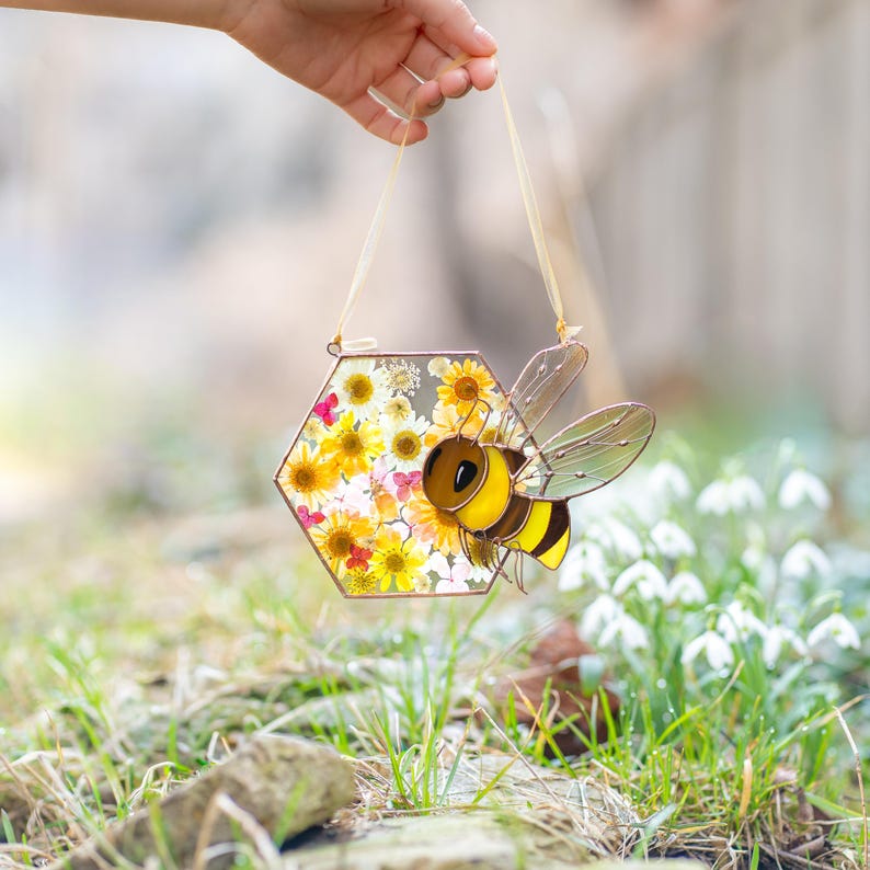 decorative bee glass art piece with farmhouse aesthetic