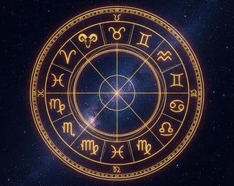May include: A gold-coloured zodiac wheel featuring astrological symbols set against a dark blue, starry backdrop. The wheel is segmented into twelve sections, each displaying a symbol representing a different astrological sign. The design is circular and detailed.