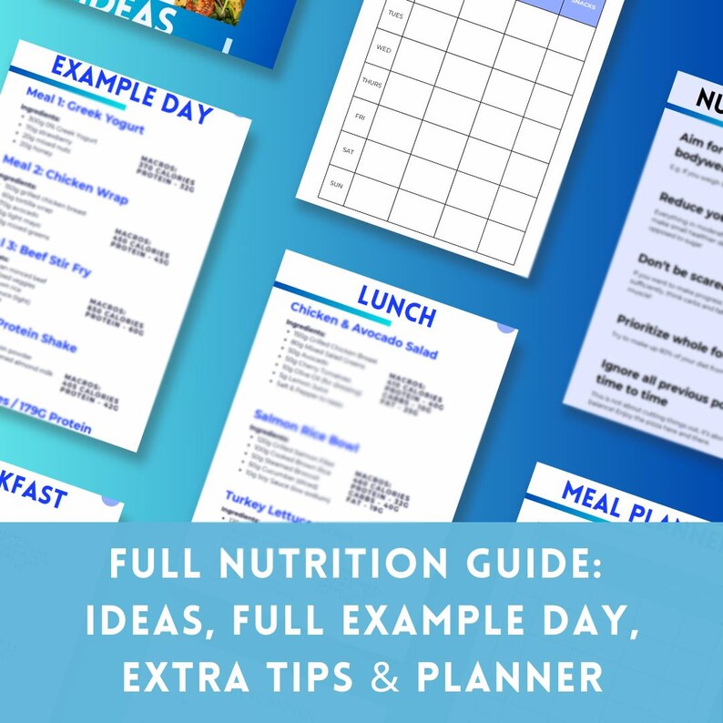 May include: A collection of meal planning guides and a weekly planner on a blue background. The guides include example meal plans, nutritional information, and tips. The text "FULL NUTRITION GUIDE: IDEAS, FULL EXAMPLE DAY, EXTRA TIPS & PLANNER" is visible.