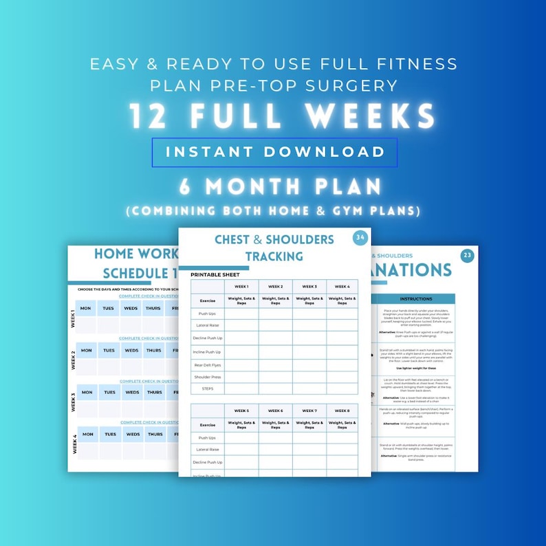 Puede incluir: Un plan de entrenamiento imprimible para pecho y hombros, con un programa de 12 semanas y hojas de seguimiento. El plan incluye instrucciones y un programa de entrenamiento en casa.