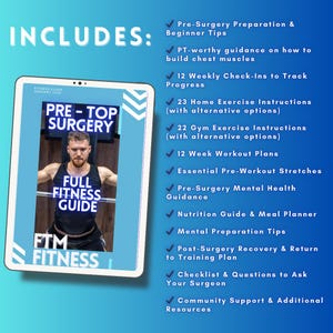 Puede incluir: Una gu&iacute;a digital azul y blanca con el texto "PRE - TOP SURGERY" y "FULL FITNESS GUIDE" en la portada. La gu&iacute;a incluye 12 controles semanales, 23 instrucciones de ejercicios en casa, 22 instrucciones de ejercicios en el gimnasio, 12 planes de entrenamiento de 12 semanas, estiramientos esenciales previos al entrenamiento, orientaci&oacute;n sobre salud mental previa a la cirug&iacute;a, una gu&iacute;a de nutrici&oacute;n y un planificador de comidas, consejos de preparaci&oacute;n mental, un plan de recuperaci&oacute;n y regreso al entrenamiento posterior a la cirug&iacute;a, una lista de verificaci&oacute;n y preguntas para hacerle a su cirujano, y apoyo comunitario y recursos adicionales.