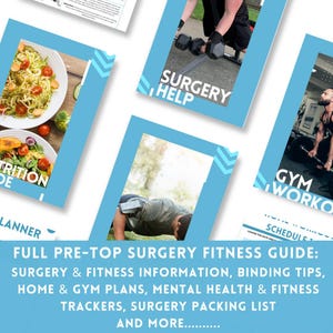 Puede incluir: Una gu&iacute;a azul y blanca con el texto "FULL PRE-TOP SURGERY FITNESS GUIDE: SURGERY & FITNESS INFORMATION, BINDING TIPS, HOME & GYM PLANS, MENTAL HEALTH & FITNESS TRACKERS, SURGERY PACKING LIST AND MORE..."