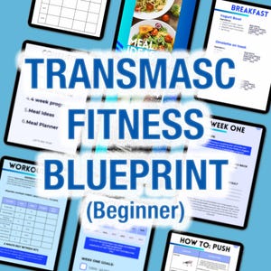 May include: A digital fitness blueprint titled "TRANSMASC FITNESS BLUEPRINT (Beginner)" is displayed on multiple tablets. The tablets show workout plans, meal ideas, and a meal planner. The background is a light blue color.