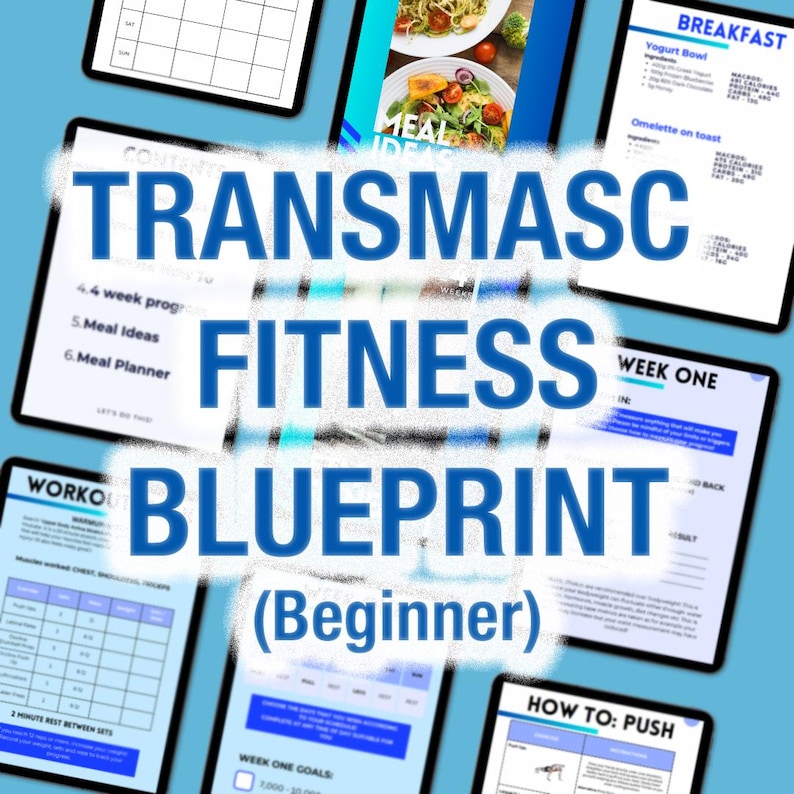 May include: A digital fitness blueprint titled "TRANSMASC FITNESS BLUEPRINT (Beginner)" is displayed on multiple tablets. The tablets show workout plans, meal ideas, and a meal planner. The background is a light blue color.