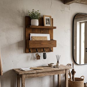 May include: A wall-mounted dark wood organizer featuring a top shelf with a small potted plant and a picture frame, a middle mail slot, and four black metal hooks at the bottom holding two sets of keys. The unit is made of stained wood.