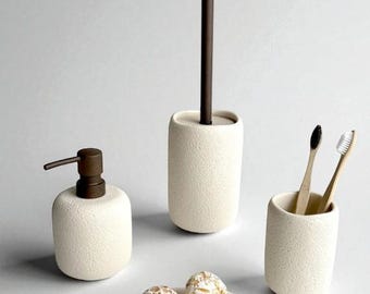 Handmade 4-Piece Bathroom Set – Modern Ceramic Soap Dispenser, Toothbrush Holder, Tumbler & Soap Dish