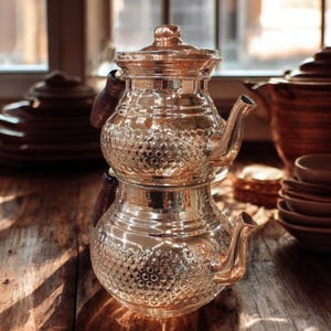 Handmade Copper Teapot Set – 1.1L Upper & 1.8L Lower Traditional Engraved Kettle