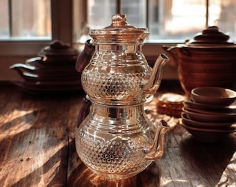 Juego de tetera de cobre hecha a mano – Tetera superior de 1,1 L y tetera inferior de 1,8 L, tradicional grabada