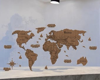 Handgefertigte 2D Weltkarte Wanddeko aus Holz - Einzigartige Wandkunst für Zuhause & Büro