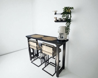 Mesa de bar de madera maciza negra hecha a mano: mesa alta para mostrador o mesa de centro esquinera (140 × 45 × 100 cm / 55,1 × 17,7 × 39,3 pulgadas)