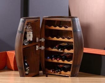 Handmade Barrel Mini Bar Cabinet – Rustic Wine & Liquor Storage with Lid (50x40x80 cm)