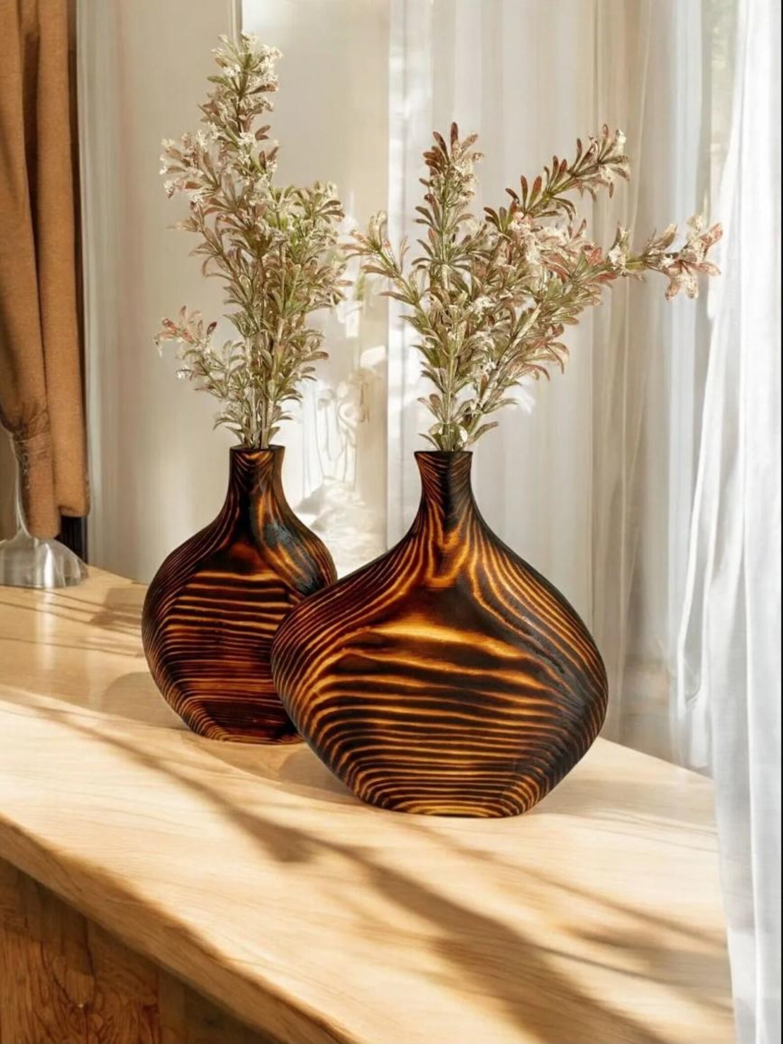 Set of 2 Handmade 18 Cm Burnt Wood Vases | Premium Quality Decorative