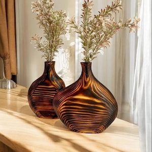 2er Set Handgefertigte 18 cm Gebranntes Holz Vasen | Premium-Qualität dekorative Holzvasen | Rustikale Wohnkultur, Geschenkidee für Sie